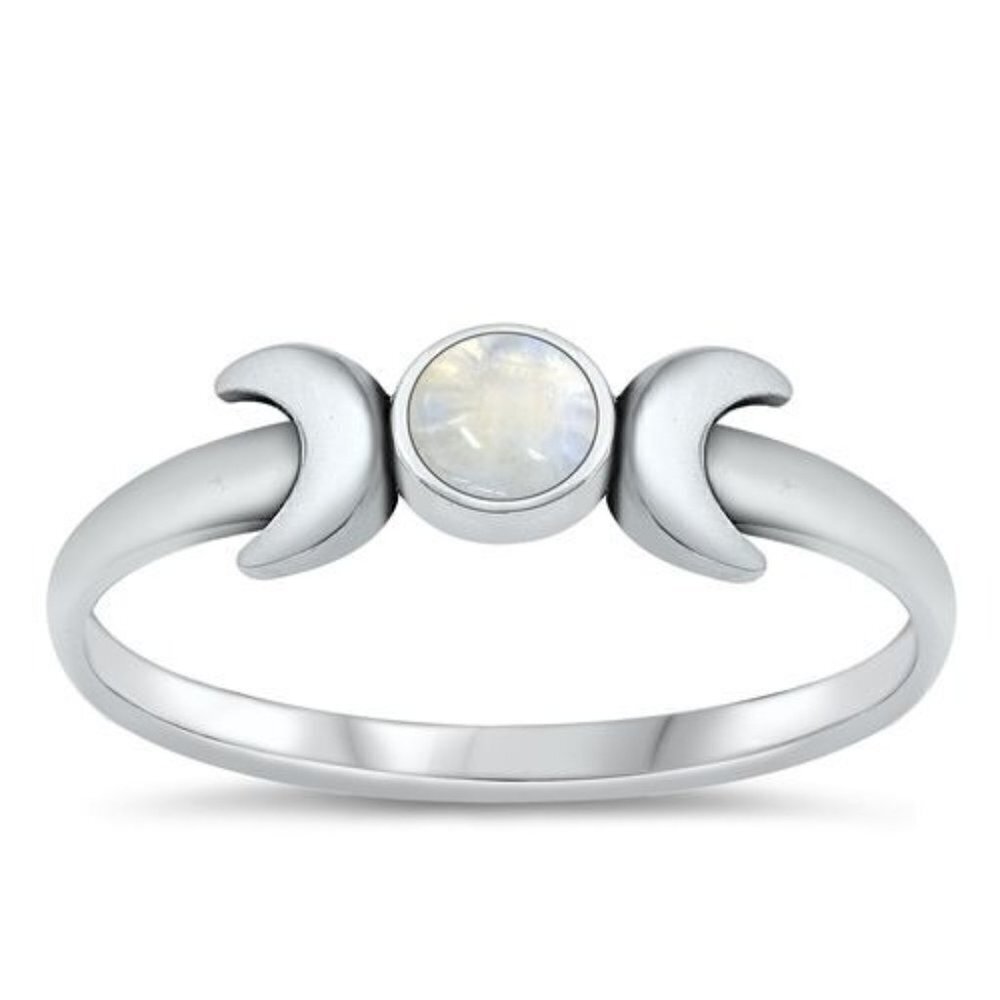 Sterling Silver 925 Dainty Minimalist Moonstone Crescent Moon Band Ring Sz 5.5